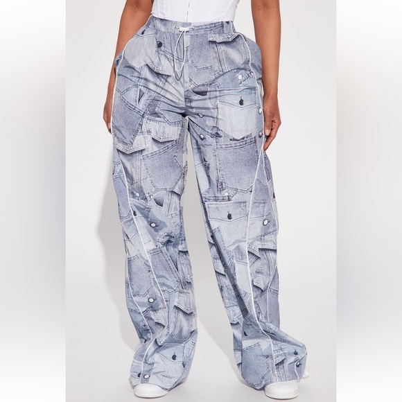 Fashion Nova Pants - Fashion Nova Denim Print Parachute Pants